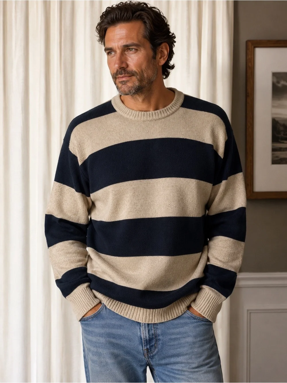 Vintage J Crew 100% Wool Navy and Natural Stripe Crewneck Sweater